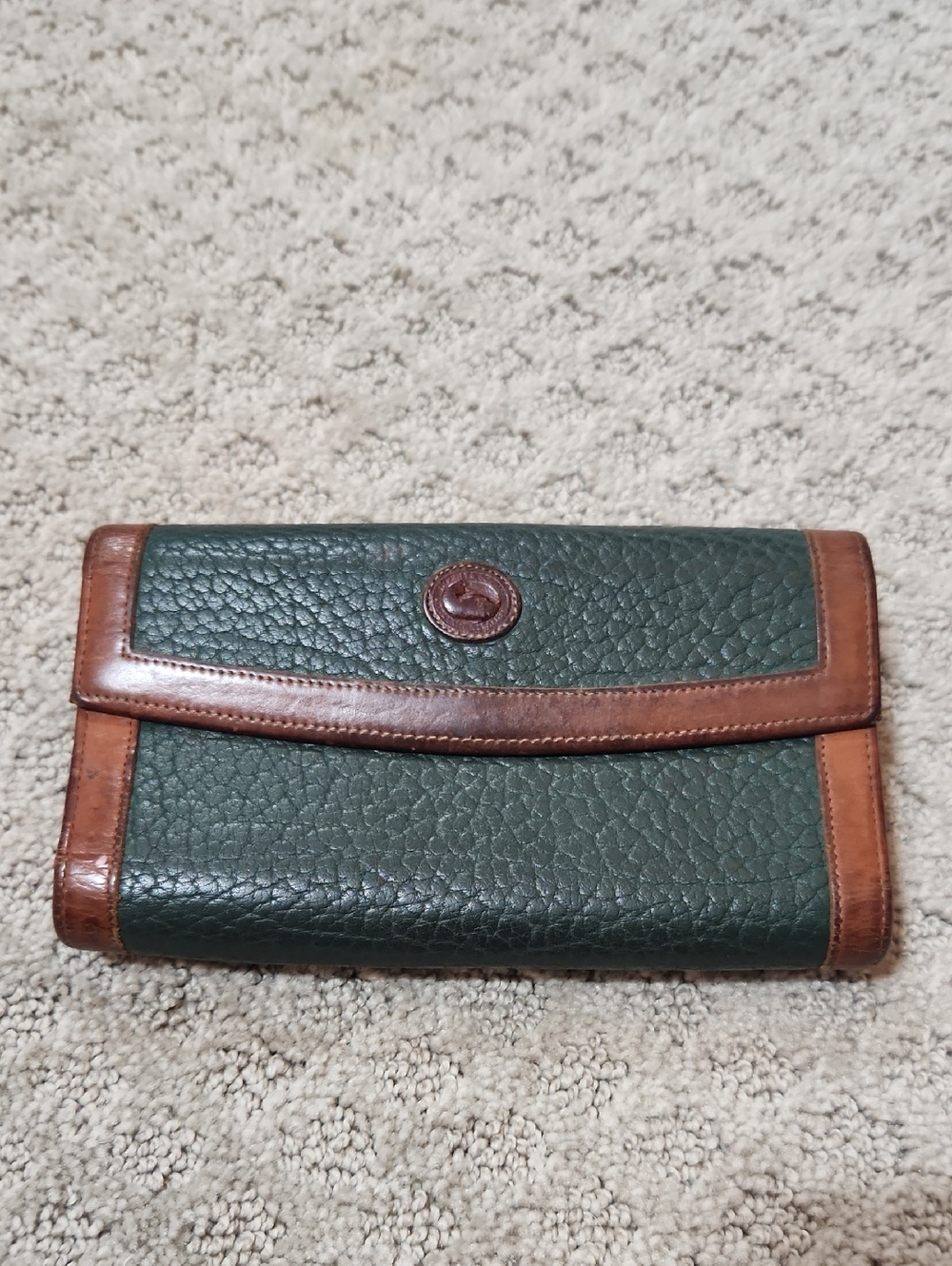 Dooney & Bourke Vintage 90s All Weather Green Tan Leather Checkbook Fold Wallet